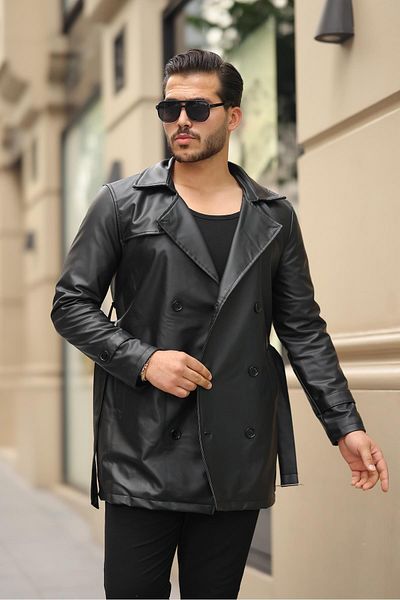 Valiberta Double Breasted Buckle Leather Men's Fit Jacket - Black