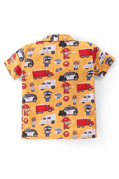 Babyhug Cotton Woven Half Sleeves Night Suit With Teddy & Vehicles Print - Yellow