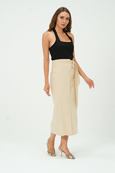 Bolivente Kadın Belden Bağlama Detaylı Keten Midi Uzun Etek