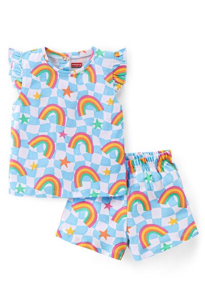 Babyhug Cotton Knit Single Jersey  Frill Sleeves Night Suit/Co-ord Set With Rainbow Print - Blue
