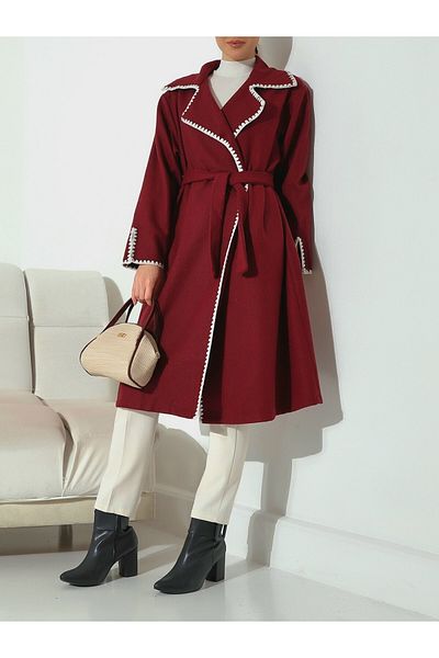Modamorfo Burgundy Stamp Coat - Shepherd's Stitching, Waist Tie