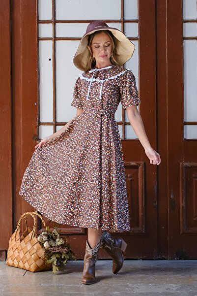 KÜÇÜĞÜM BUTİK Vintage φορητός γιακάς καφέ φλοράλ μπαλόνι μανίκι φόρεμα (ΦΟΡΕΜΑ-ΓΚΑΛΙ)