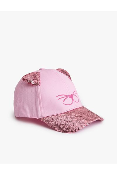 Koton Sequined Cat Cap Hat - Appliqued Design