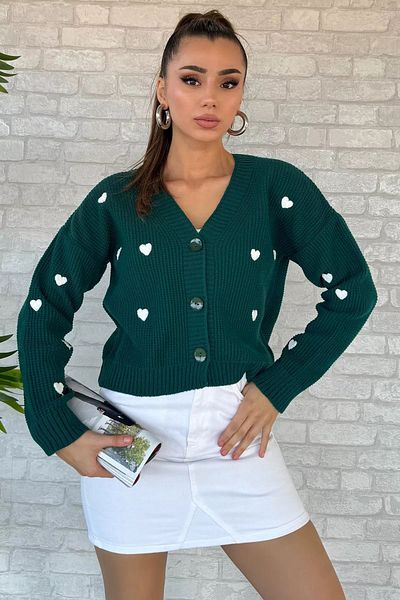 GÜLSELİ Heart Embroidered Emerald Green Knitwear Cardigan