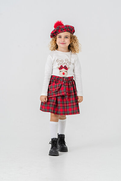 Eray Kids New Year's Plaid Detailed Girl's Hat-Bag Gift Sweatshirt Skirt Set