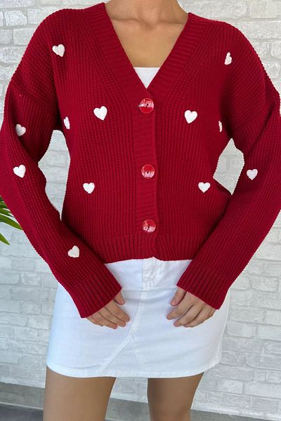 GÜLSELİ Heart Embroidered Red Knitwear Cardigan