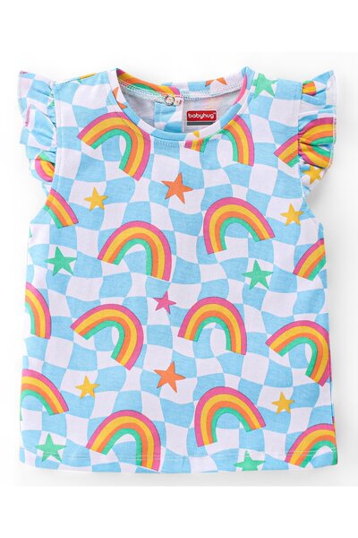 Babyhug Cotton Knit Single Jersey  Frill Sleeves Night Suit/Co-ord Set With Rainbow Print - Blue