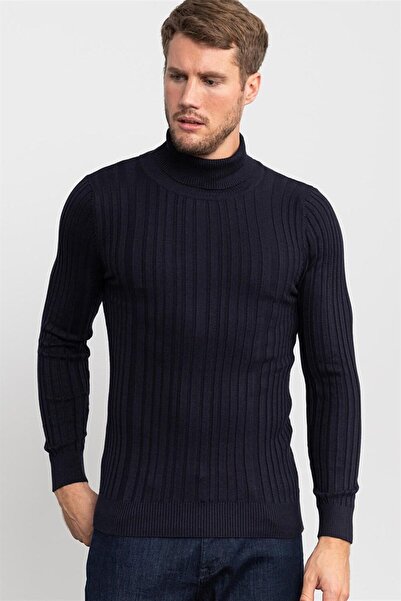 Tudors Pulover pentru bărbați, slim fit, cu gât rotic complet, albastru bleum...