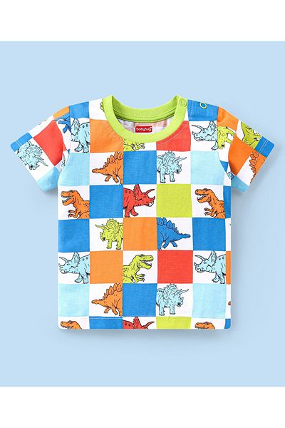 Babyhug Cotton Knit Half Sleeves Checked Night Suit/Co-ord Set Dino Print - Multi Color