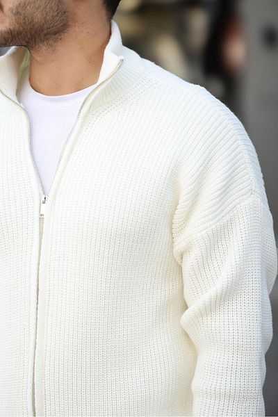 Valiberta Oversize Thessaloniki Knitted Zippered Men's Cardigan - Ecru