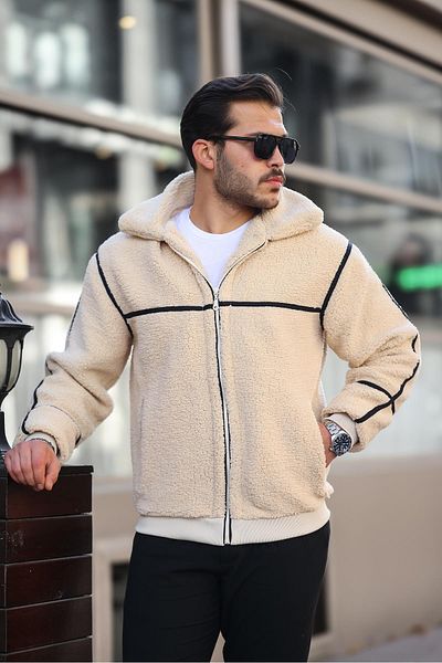 Valiberta Ecru Plush Coat - Lined and Stripe Detail