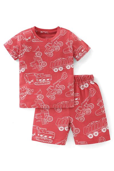 Babyhug Cotton Knit Single Jersey Half Sleeves Night Suit/Co-ord Set Construction Vehicle Print-Red