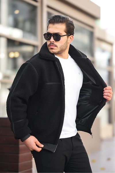 Valiberta Lined Stripe Detailed Plush Coat - Black