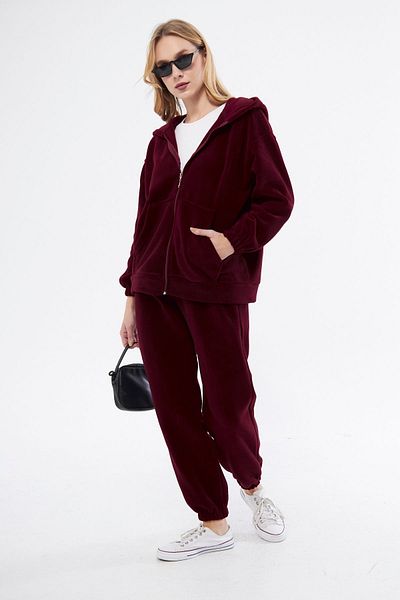 PONÇİK Women's Hooded Fleece Oversize Tracksuit with Zippered Front Pockets 23586-Burgundy