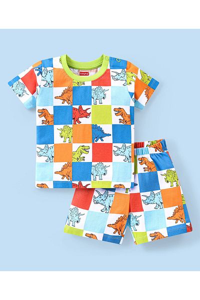 Babyhug Cotton Knit Half Sleeves Checked Night Suit/Co-ord Set Dino Print - Multi Color