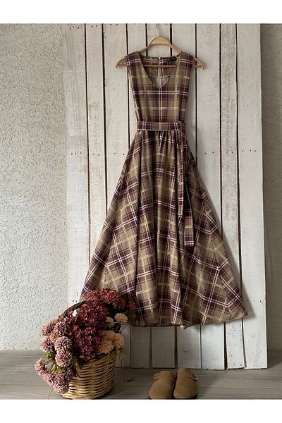 KÜÇÜĞÜM BUTİK Long Cream-Burgundy Plaid Gilet Dress