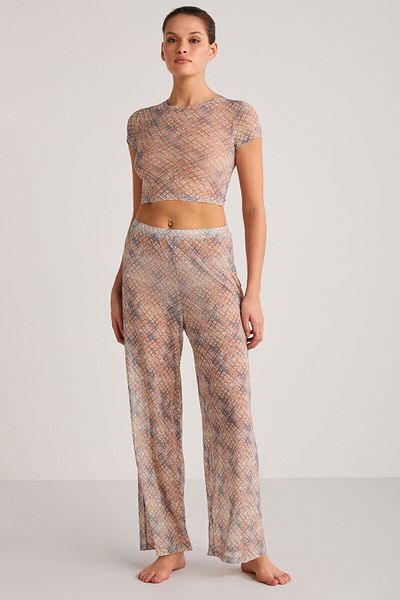 GRIMELANGE Yoland Women's Patterned Summer Crop Orange Bottom-Top Set
