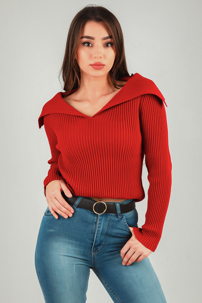 GÜLSELİ Claret Red Women's Turn-Down Collar Ribbed Lycra Knitwear Blouse