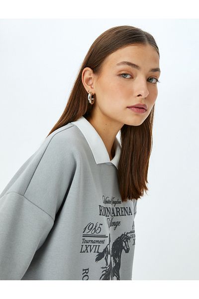 Koton Polo Neck Slogan Printed Raised Oversize Sweatshirt