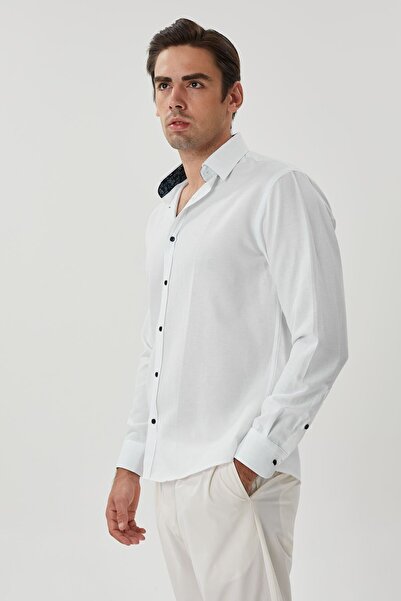 Enzio Garino Cotton Regular Fit White Shirt - Navy Patterned and Hidden Collar
