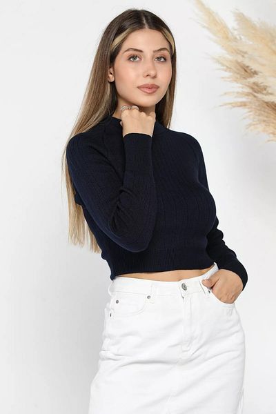 GÜLSELİ Navy Blue Corded Crop Knitwear Sweater
