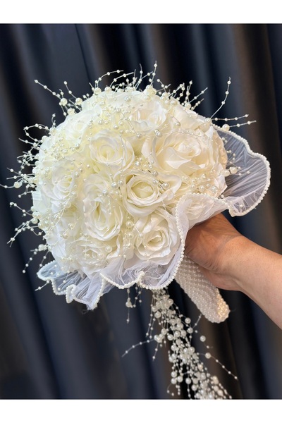 GELİNÇİÇEKCOM Tüllü Ve İncili Gül Gelin Çiçeği