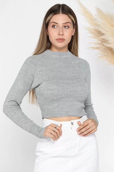 GÜLSELİ Pulover din tricotaj crop cu nervuri gri