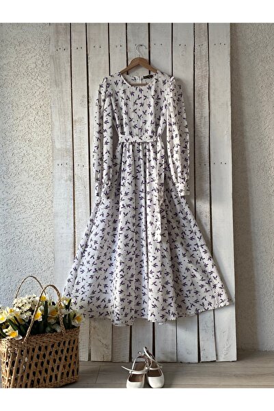 KÜÇÜĞÜM BUTİK Φόρεμα Hijab Λευκό-Μωβ Λεβάντα Floral Flared
