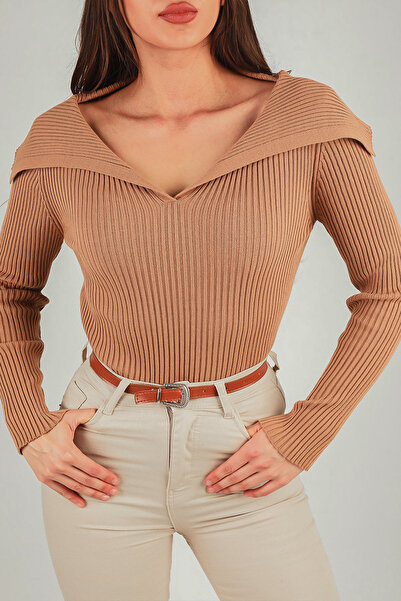 GÜLSELİ Biscuit Women's Turn-Down Collar Ribbed Lycra Knitwear Blouse