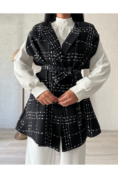 KÜÇÜĞÜM BUTİK Black Oversize Tweed Women's Poncho