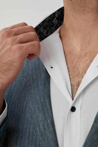 Enzio Garino Cotton Regular Fit White Shirt - Navy Patterned and Hidden Collar