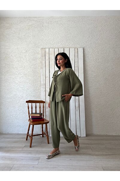 KÜÇÜĞÜM BUTİK Khaki Green Muslin Trousers-Tied Blouse Set (Pants-Bluse)
