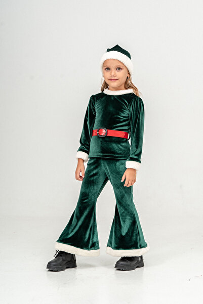 Eray Kids Christmas Themed Santa Girl's Green Velvet Costume with Belt Hat