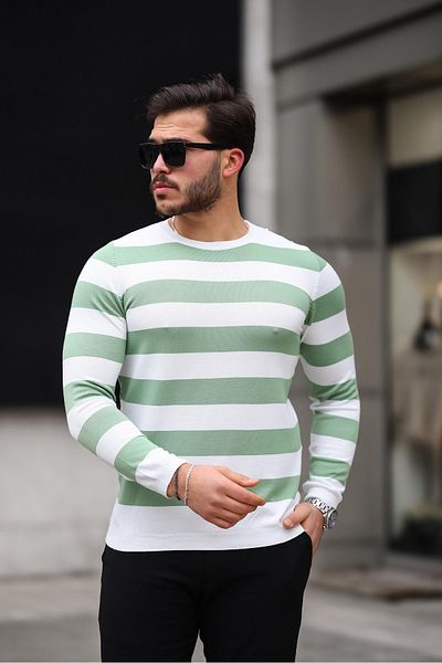 Valiberta Crew Neck Thin Knitwear Men's Sweater - Green Knitted Stripes