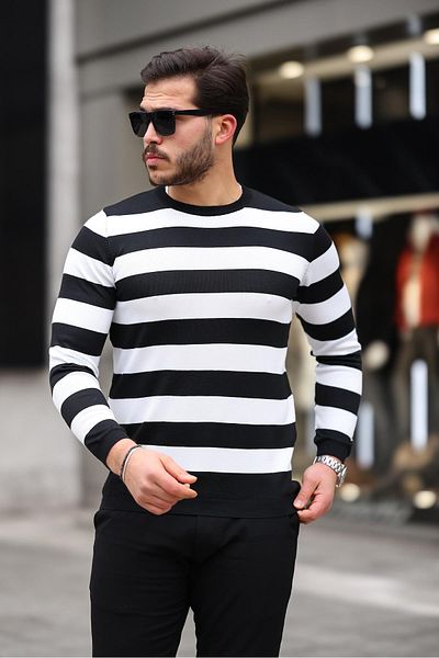 Valiberta Knitted Striped Crew Neck Thin Knitwear Men's Sweater - Black