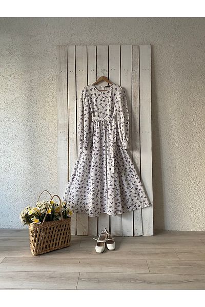 KÜÇÜĞÜM BUTİK Φόρεμα Hijab Λευκό-Μωβ Λεβάντα Floral Flared
