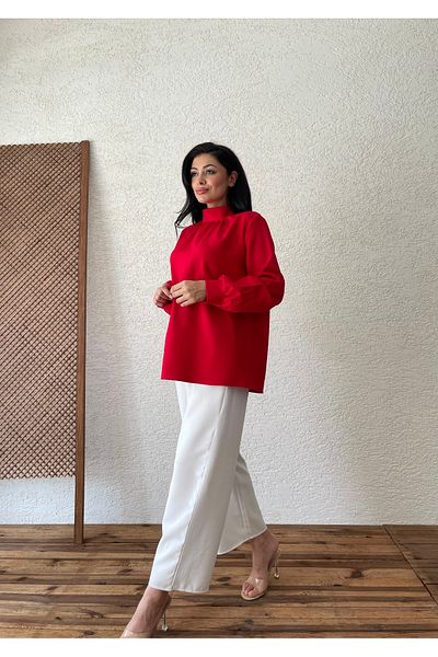 KÜÇÜĞÜM BUTİK Long Sleeve Crepe Blouse - Red, Neck Drawstring