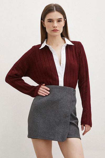 Never more Cardigan din mătase burgundă - guler cămașă