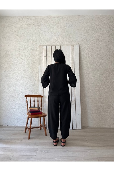 KÜÇÜĞÜM BUTİK Black Linen Trousers-Laced Blouse Set (Pant-Bluz)