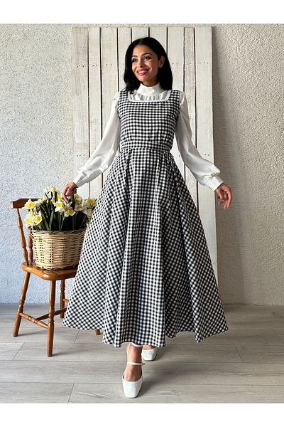 KÜÇÜĞÜM BUTİK Μακρύ μαύρο Gingham τετράγωνο γιακά Gilet-Bluz Σετ (GILLE-BLUZ)