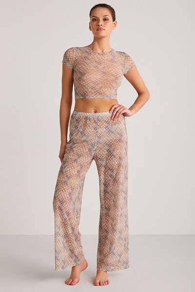 GRIMELANGE Yoland Women's Patterned Summer Crop Orange Bottom-Top Set