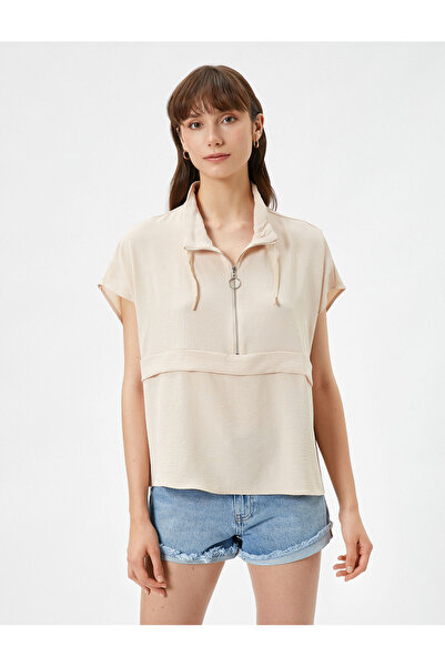 Koton Halenka s krátkým rukávem na poloviční zip s krajkovým límcem