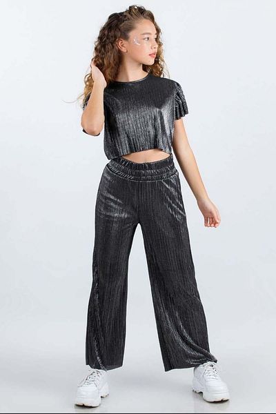 Riccotarz Bluză cu frunze din țesătură strălucitoare pentru fete, cu pliuri, pantaloni largi, cu fundul antracit