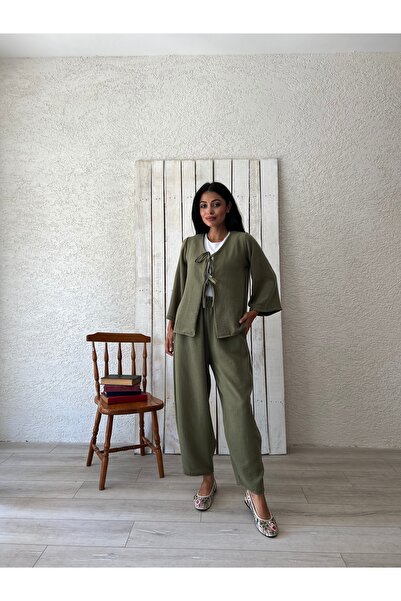 KÜÇÜĞÜM BUTİK Khaki Green Muslin Trousers-Tied Blouse Set (Pants-Bluse)