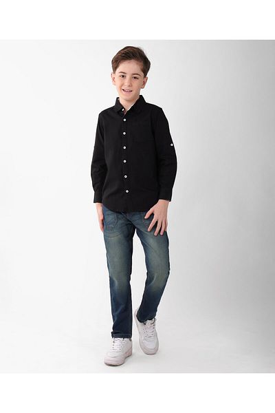 Pine kids قميص قطني منسوج بأكمام طويلة بلون واحد - أسود