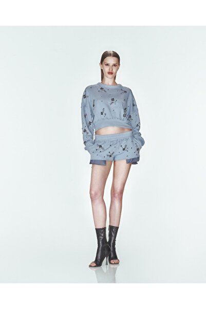 Khela The Label LOVESTRUCK EMBELLISHED SWEATSHIRT IN INDIGO Mavi Oversize Boncuklu Çiçek Desenli Sweatshirt