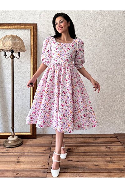 KÜÇÜĞÜM BUTİK Pembe Çok Çiçekli Kare Yaka Kloş Gofre Elbise