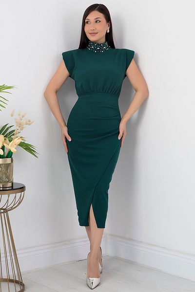 PULLIMM Stone Detailed Stand Collar Crepe Dress - Dks1181