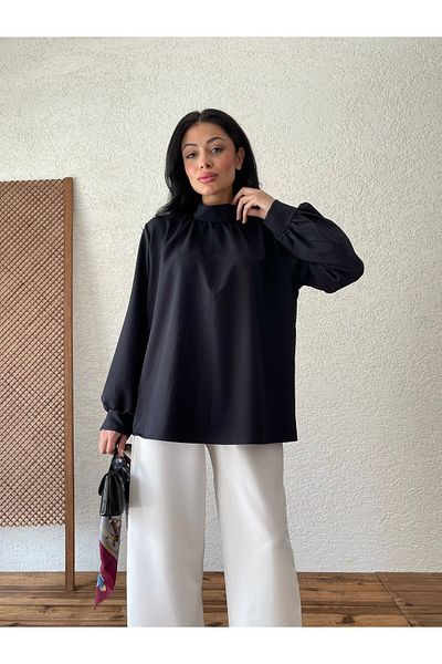 KÜÇÜĞÜM BUTİK Long Sleeve Black Crepe Blouse - Neck Drawstring