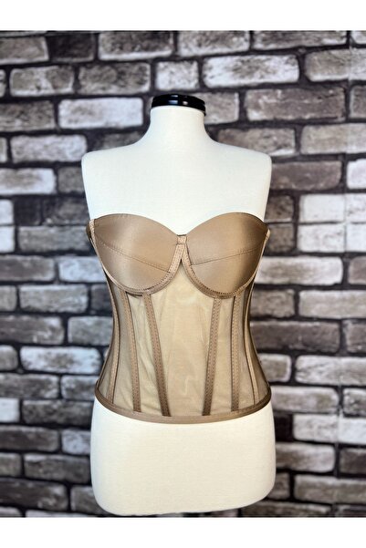 Metay Design Tül Transparan Korse & Büstiyer  Klasik Yaka - Kahverengi